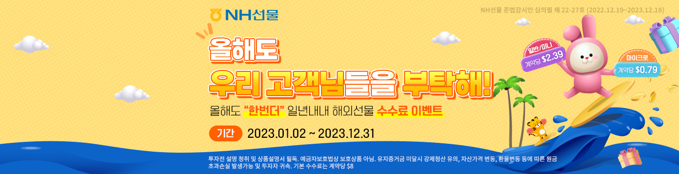 NH선물
NH선물 준법감시인 심의필 제22-27호 (2022.12.19~2023.12.18)
올해도 우리 고객님들을 부탁해!
올해도 한번더 일년내내 해외선물 수수료 이벤트
일반/미니 계약당 $2.39
마이크로 계약당 $0.79
기간 2023.01.02~2023.12.31
투자전 설명 청취 및 상품설명서 필독. 예금자보호법상 보호상품 아님. 유지증거금 미달시 강제청산 유의, 자산가격 변동, 환율변동 등에 따른 원금
초과손실 발생가능 및 투자자 귀속. 기본 수수료는 계약당 $8 입니다.