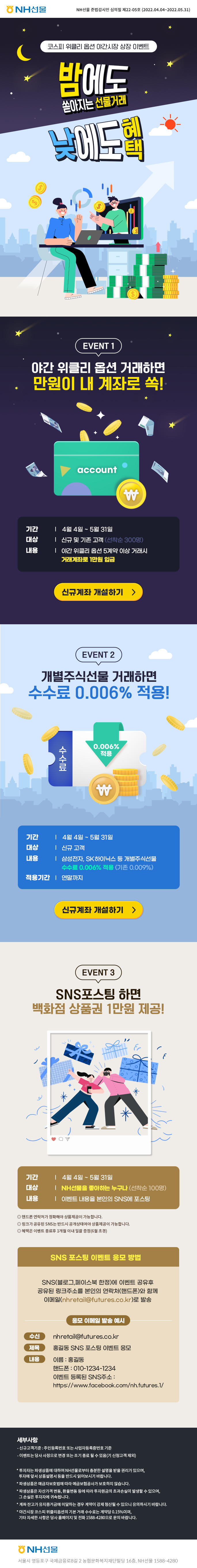 NH선물
NH선물 준법감시인 심의필 제22-05호 (2022.04.04~2022.05.31)
코스피 위클리 옵션 야간시장 상장 이벤트
밤에도 쏟아지는 선물거래 낮에도 혜택
EVENT 1
야간 위클리 옵션 거래하면 만원이 내 계좌로 쏙!
기간 | 4월 4일 ~ 5월 31일 
대상 | 신규 및 기존 고객 (선착순 300명) 
내용 | 야간 위클리 옵션 5계약 이상 거래시 거래계좌로 1만원 입금
신규계좌 개설하기 >

EVENT 2
개별주식선물 거래하면 수수료 0.006% 적용!
기간 | 4월 4일 ~ 5월 31일 
대상 | 신규 고객 
내용 | 삼성전자, SK하이닉스 등 개별주식선물
수수료 0.006% 적용 (기존 0.009%) 
적용기간 | 연말까지
신규계좌 개설하기 >

EVENT 3 
SNS포스팅 하면 백화점 상품권 1만원 제공!
기간 | 4월 4일 ~ 5월 31일 
대상 | NH선물을 좋아하는 누구나 (선착순 100명)  
내용 | 이벤트 내용을 본인의 SNS에 포스팅
○ 핸드폰 연락처가 정확해야 상품제공이 가능합니다. 
○ 링크가 공유된 SNS는 반드시 공개상태여야 상품제공이 가능합니다. 
○ 혜택은 이벤트 종료후 1개월 이내 일괄 증정(6월 초경)

SNS 포스팅 이벤트 응모 방법
SNS(블로그,페이스북 한정)에 이벤트 공유후 공유된 링크주소를 본인의 연락처(핸드폰)와 함께 이메일(nhretail@futures.co.kr)로 발송
응모 이메일 발송 예시
수신 | nhretail@futures.co.kr 
제목 | 홍길동 SNS 포스팅 이벤트 응모
내용 | 이름 : 홍길동 
핸드폰 : 010-1234-1234 
이벤트 등록된 SNS주소 : https://www.facebook.com/nh.futures.1/

세부사항 
- 신규고객기준 : 주민등록번호 또는 사업자등록증번호 기준
- 이벤트는 당사 사정으로 변경 또는 조기 종료 될 수 있음(기 신청고객 제외)

* 투자자는 파생상품에 대하여 NH선물로부터 충분한 설명을 받을 권리가 있으며,
투자에 앞서 상품설명서 등을 반드시 읽어보시기 바랍니다. 
* 파생상품은 예금자보호법에 따라 예금보험공사가 보호하지 않습니다. 
* 파생상품은 자산가격 변동, 환율변동 등에 따라 투자원금의 초과손실이 발생할 수 있으며, 그 손실은 투자자에 귀속됩니다. 
* 계좌 잔고가 유지증거금에 미달하는 경우 계약이 강제 청산될 수 있으니 유의하시기 바랍니다. 
* 야간시장 코스피 위클리옵션의 기본 거래 수수료는 계약당 0.15%이며, 기타 자세한 사항은 당사 홈페이지 및 전화 1588-4280으로 문의 바랍니다.

NH선물
서울시 영등포구 국제금융로8길 2 농협문화복지재단빌딩 16층, NH선물 1588-4280
